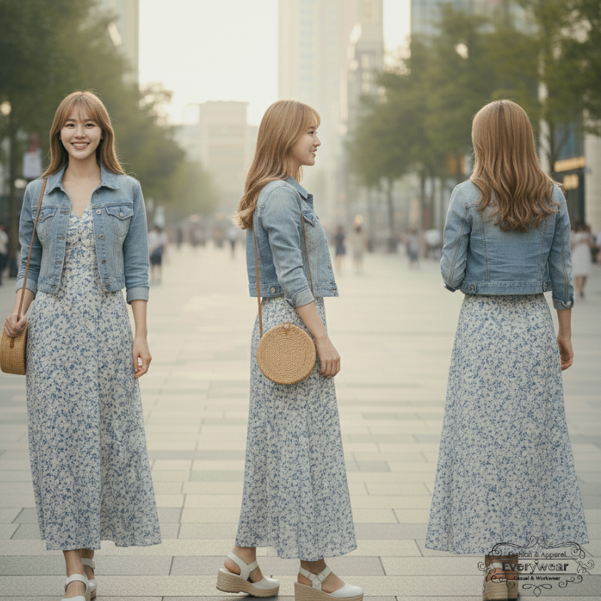ชุดเดรสยาวลายดอกไม้ พร้อมแจ็คเก็ตยีนส์