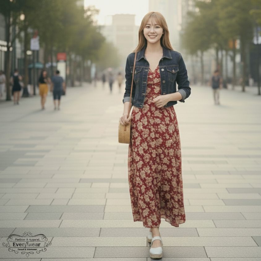 ชุดเดรสยาวลายดอกไม้ พร้อมแจ็คเก็ตยีนส์ - Image 2