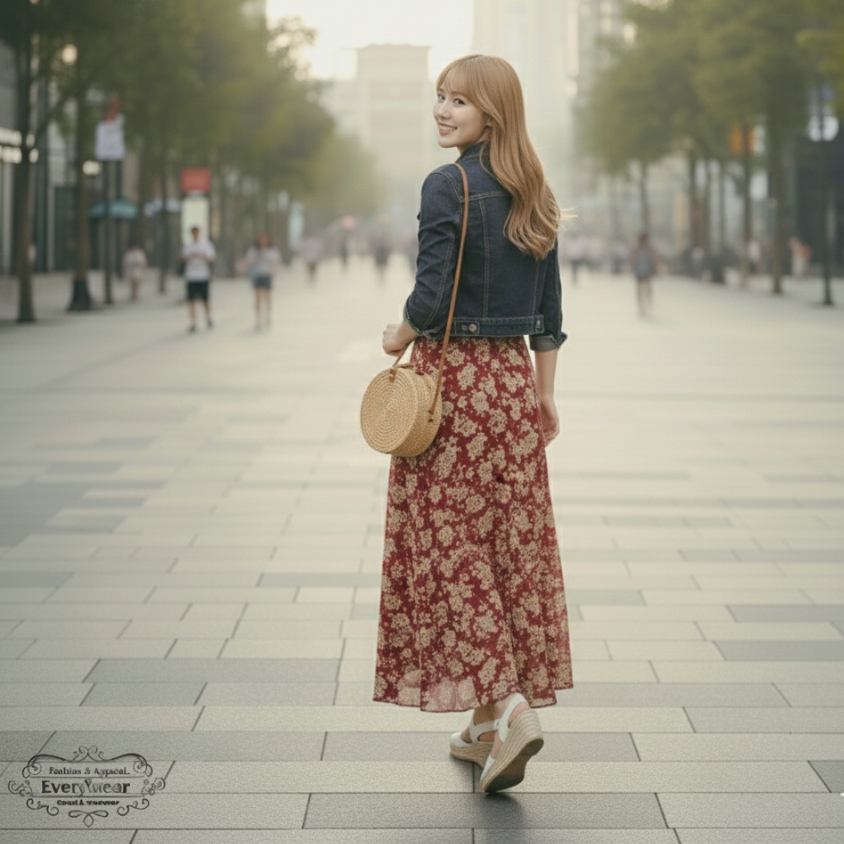 ชุดเดรสยาวลายดอกไม้ พร้อมแจ็คเก็ตยีนส์ - Image 3