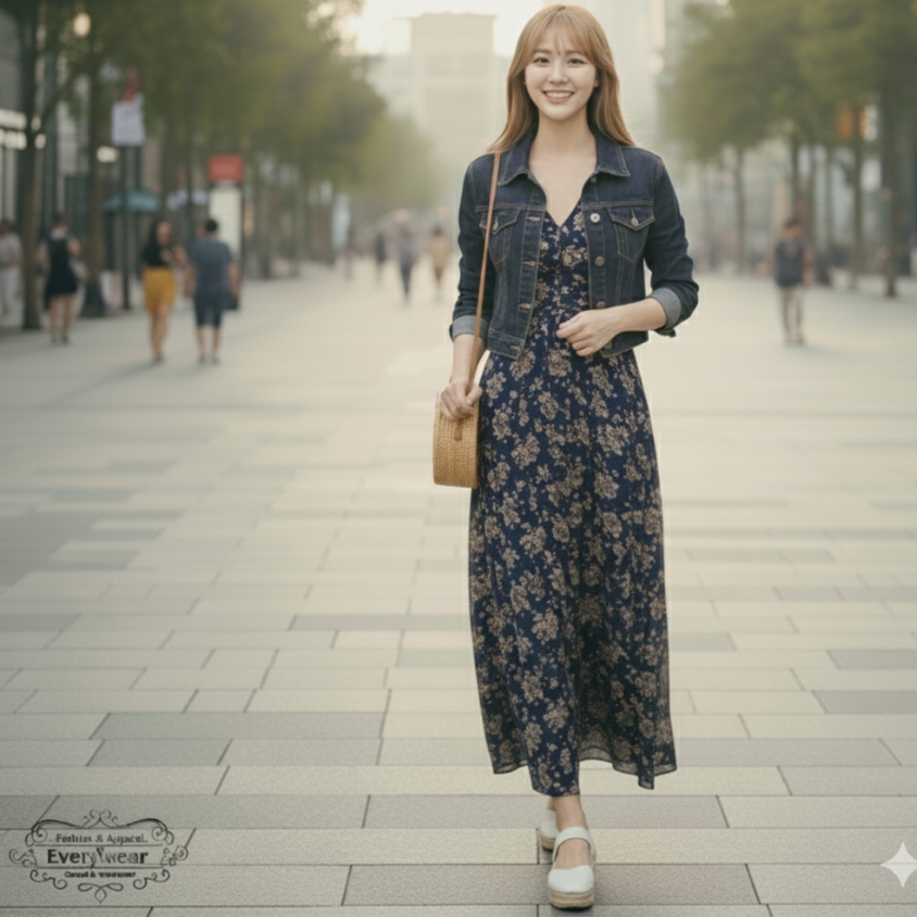 ชุดเดรสยาวลายดอกไม้ พร้อมแจ็คเก็ตยีนส์ - Image 4