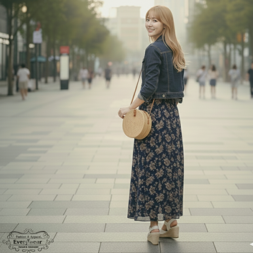 ชุดเดรสยาวลายดอกไม้ พร้อมแจ็คเก็ตยีนส์ - Image 5