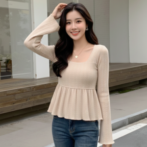 เสื้อแขนยาวคอเหลี่ยมทรง Peplum